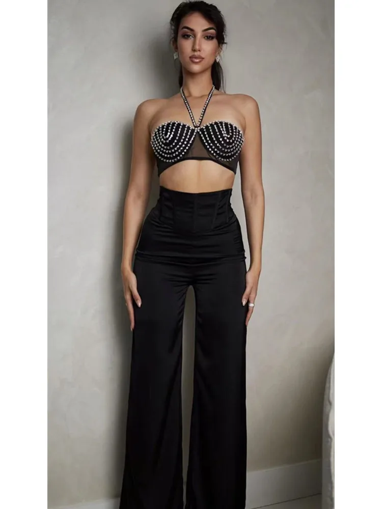 

2023 Newest Summer Sexy Backless Halter Diamonds Crystal Black Pants Two Piece Bandage Celebrity Designer Fashion Women's Set