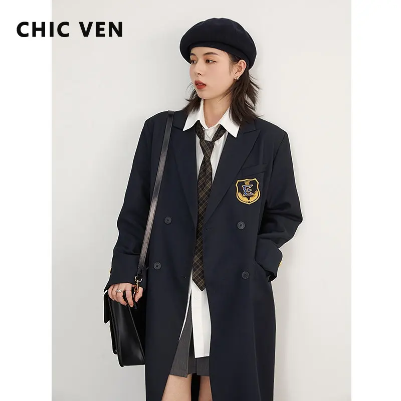 

CHIC VEN Women's Trench Coat Embroidered Badge Long Windbreaker Female Overcoat College Girl Fashion Clothes Spring Autumn 2023