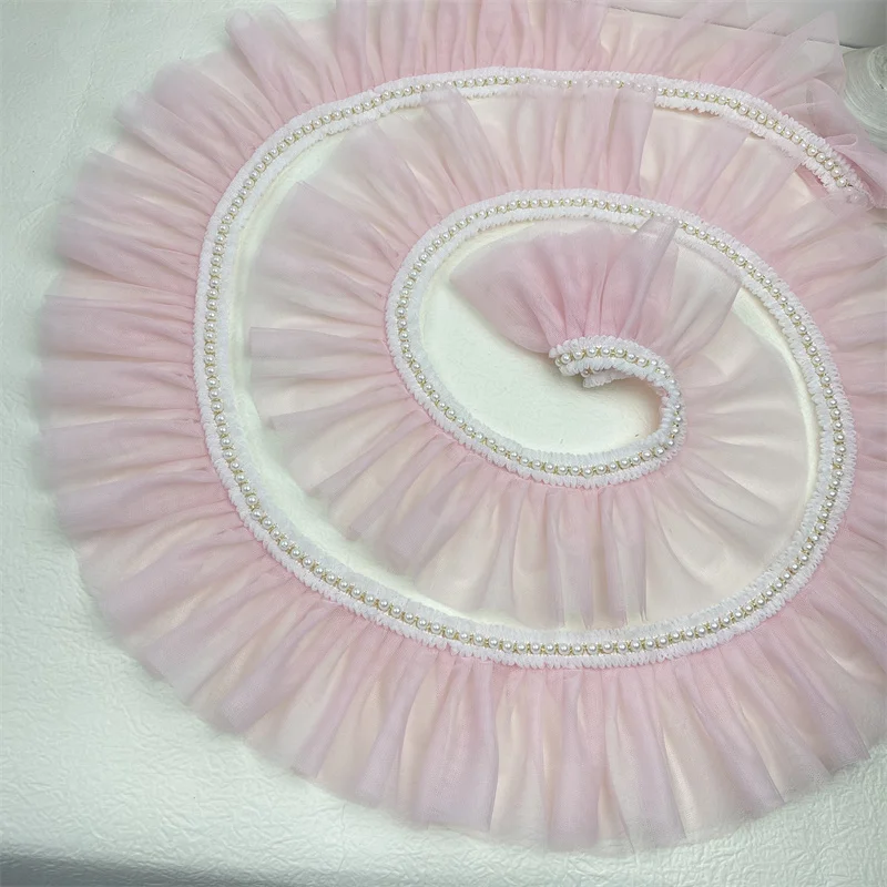 Плиссированное розовое кружево в стиле &quotЛолита&quot с отделкой бисером сделай