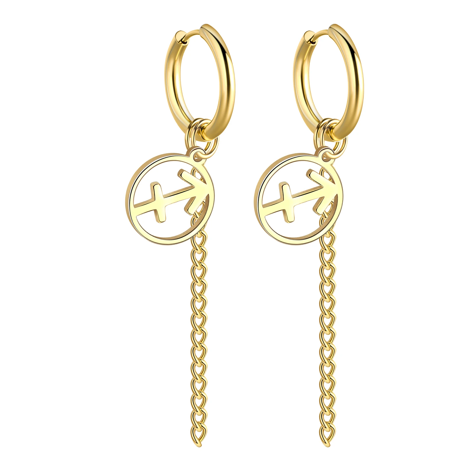 

KKJOY Gold Color Constellation Zodiac Dangle Earrings For Men Stainless Steel Long Chain Hoop Earring for Unisex