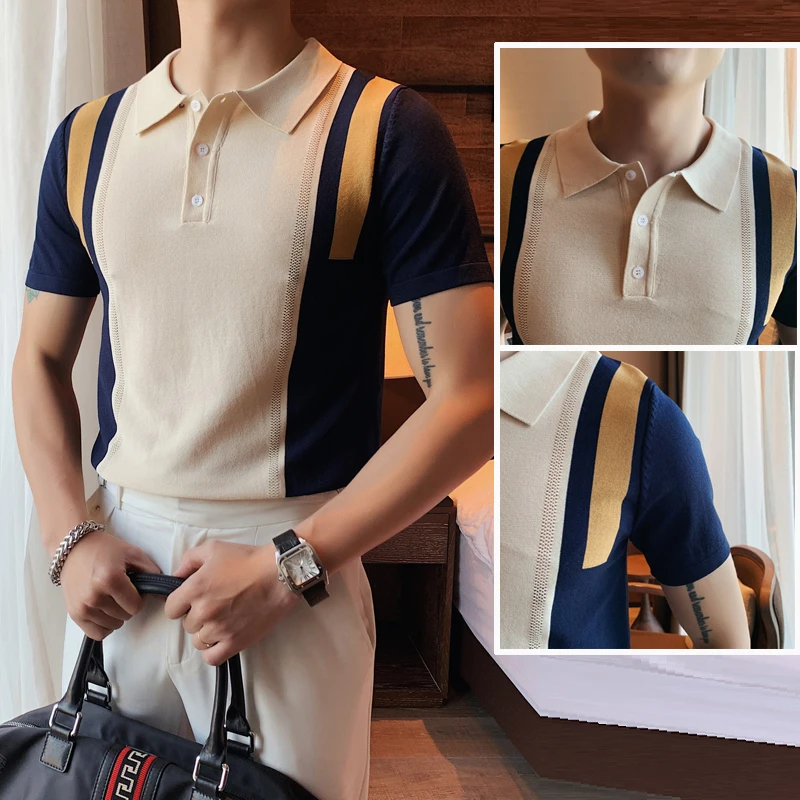 

Мужская Трикотажная футболка в полоску, с коротким рукавом и отложным воротником