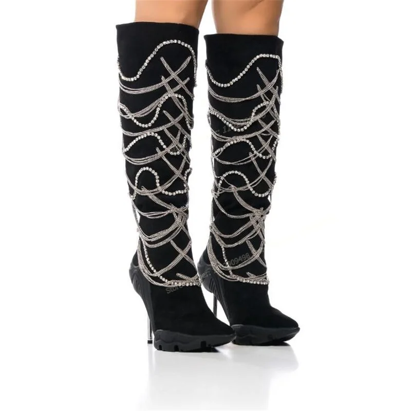 

Black Crystal Tassel Knee High Boots Pointed Toe Shoes for Women Thin High Heels Sports Style Shoes 2023 Zapatos Para Mujere