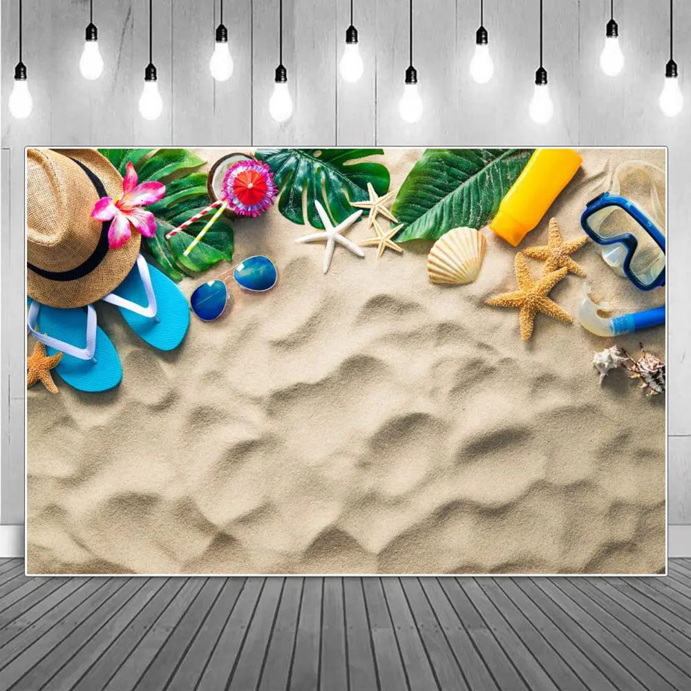 

Seaside Holiday Flat Lay Photography Backgrounds Summer Beach Sand Travel Slippers Shells Kids Backdrops Photographic Portrait