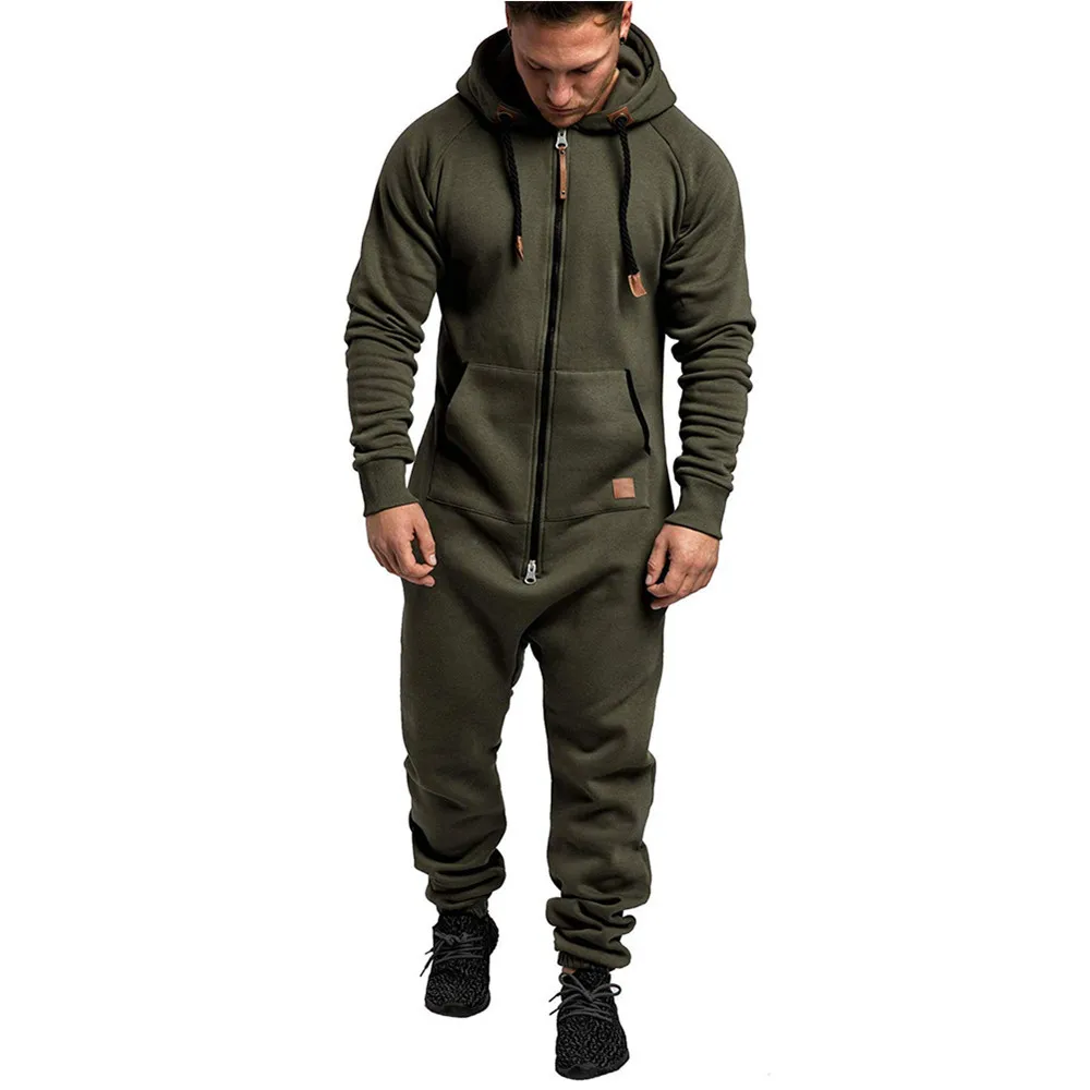 Men Jumpsuits New Autumn Winter Men's Hooded Fleece Jumpsuit Solid Color Matching Casual Suit Men Zipper Pocket Mens Clothes
