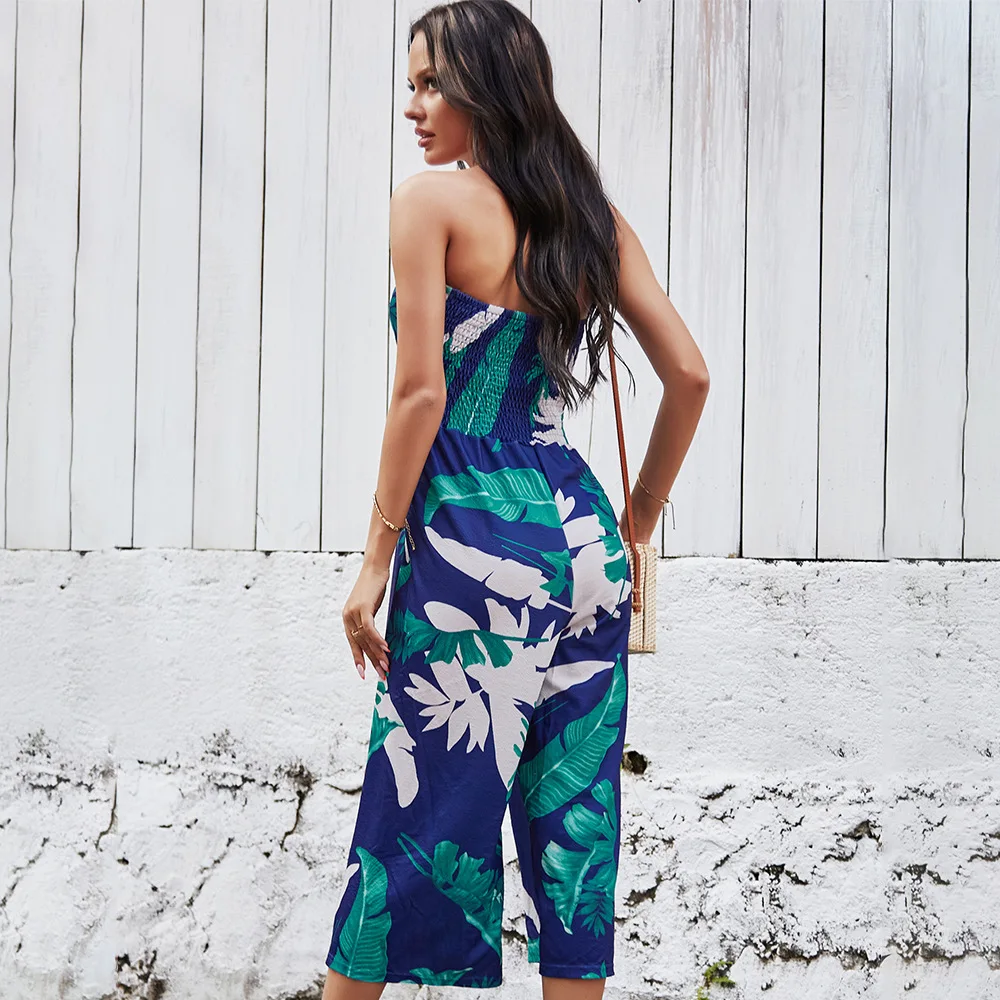 Spring/Summer fashion new sexy wrap digital print jumpsuit wide-leg pants womenswear