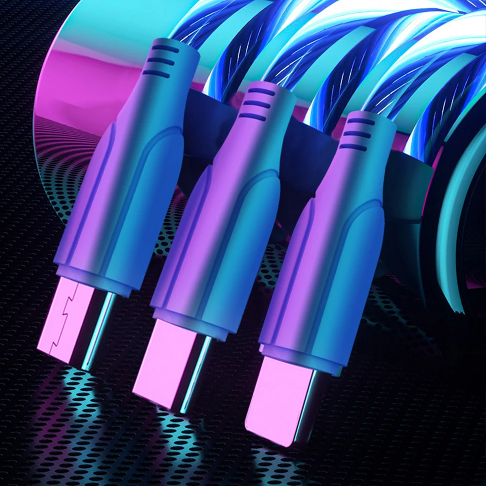 Glowing LED Cable 2.4A Fast Charging Micro USB Type C High Speed Data Transfer Flowing Streamer Light Cord |