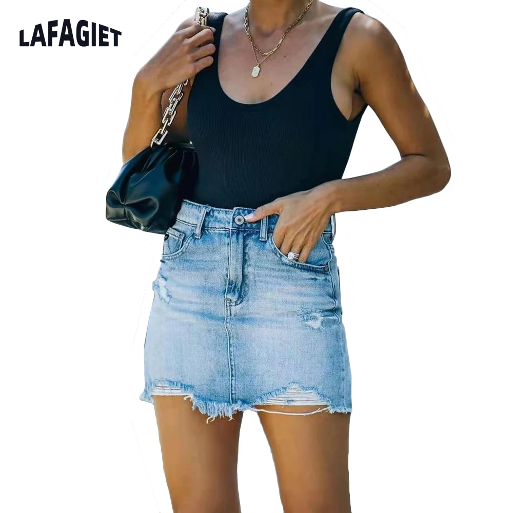 

Women Summer Mini Skirt Causal Ripped High Waist Ladies Denim Skirt Fashion Solid Zipper Fly Sexy Streetwear Female Jean Skirts