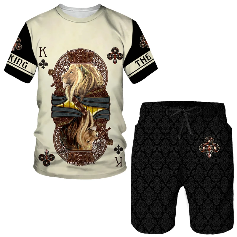 Summer Men Two Piece Set King Ace Spade Lion Poker 3d Print T-shirt/shorts/suit Hip Hop Streetwear Casual Harajuku Male Outfit