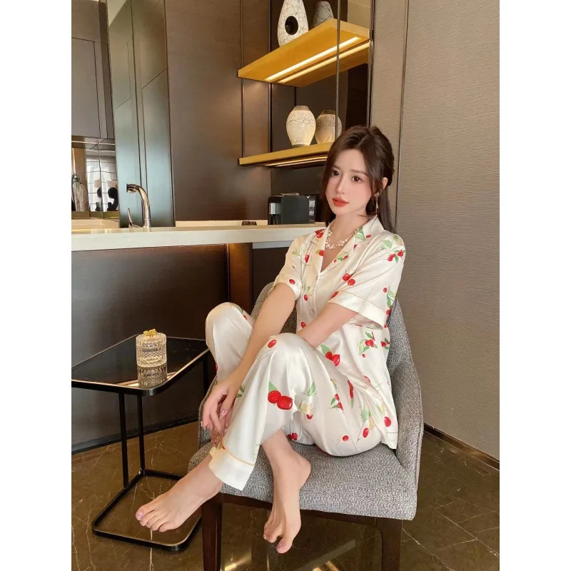 2023 Summer New Ice Silk Pajamas Women Cherry Printed Homewear Short Sleeve Trousers Suit Simple Casual Women's Pajamas