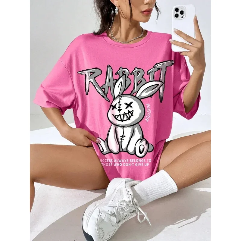 Футболка женская с принтом кролика хлопок модная повседневная мягкая Свободная