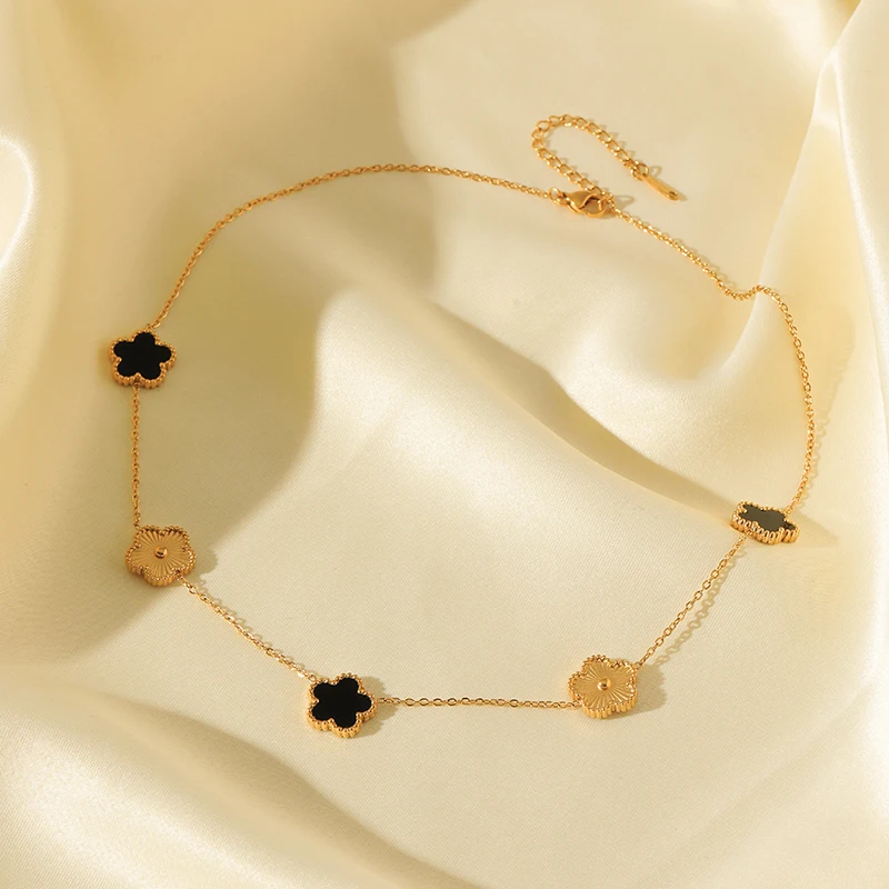 EILIECK Нержавеющая сталь 316L Черный цветок пятилистный клевер ожерелье браслет