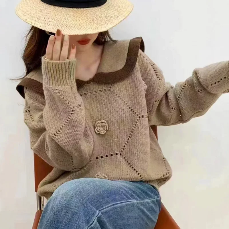 MJG Свободный вязаный топ с кукольным вырезом в корейском стиле осень 2024