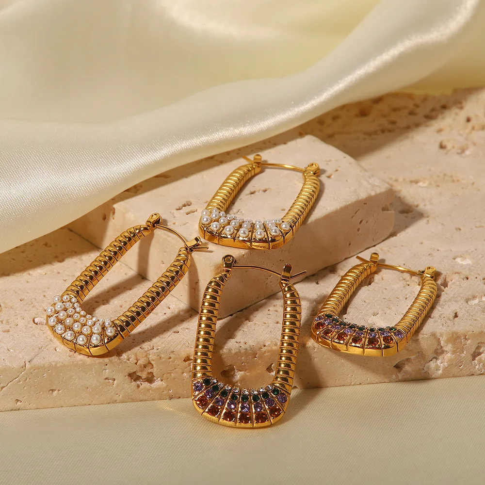 

Grie INS Zircon Drop Earrings 18K Gold Plated for Women Geometric Stainless Steel Inlaid Pearls Earring Fashion Jewelry Earring