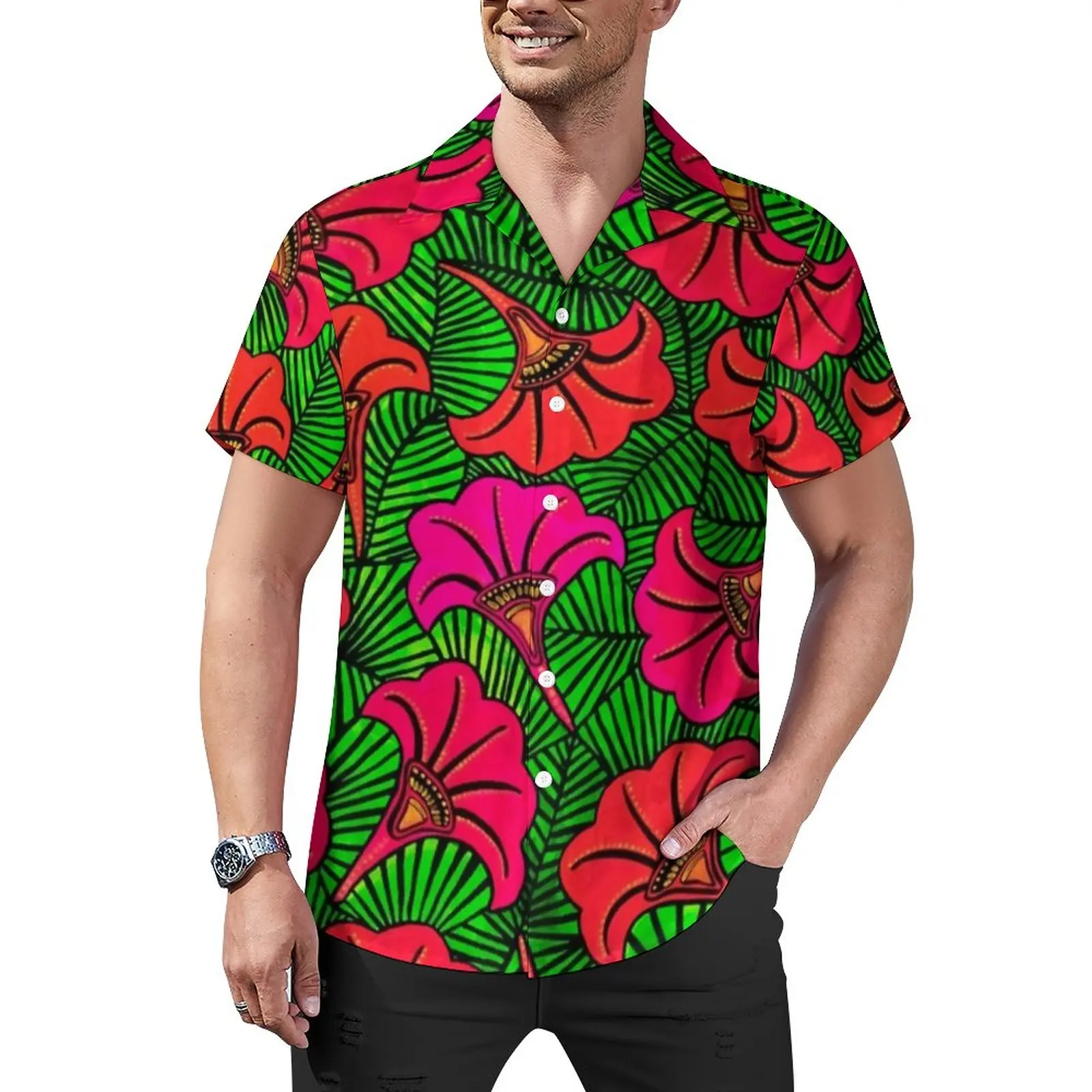 

Рубашка мужская оверсайз с коротким рукавом, Повседневная Блузка с принтом красных цветов, с графическим принтом, в винтажном стиле, подаро...