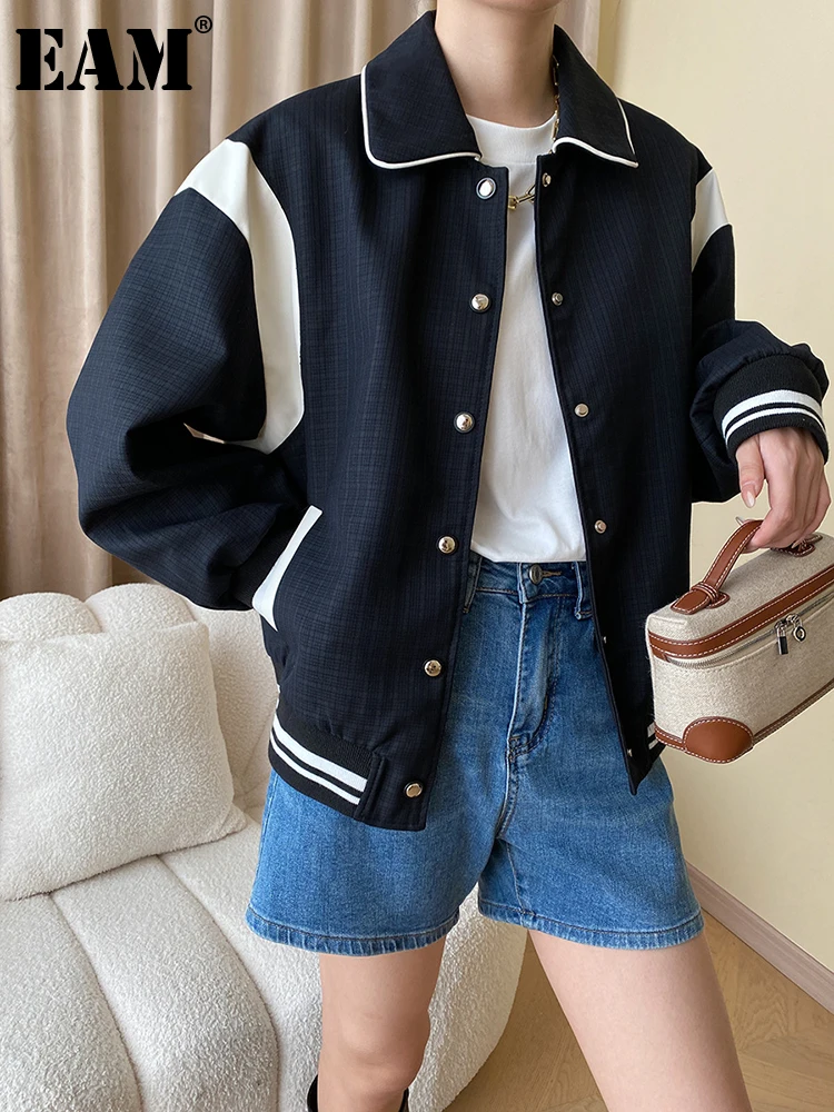 

[EAM] Loose Fit Black Color-block Big Size Casual Jacket New Lapel Long Sleeve Women Coat Fashion Spring Autumn 2023 1DH0162