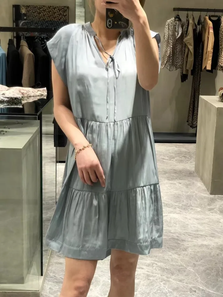 

2022 Spring and Summer New V-neck Lace-up zv Dress 2 Colors Women Mini Dress