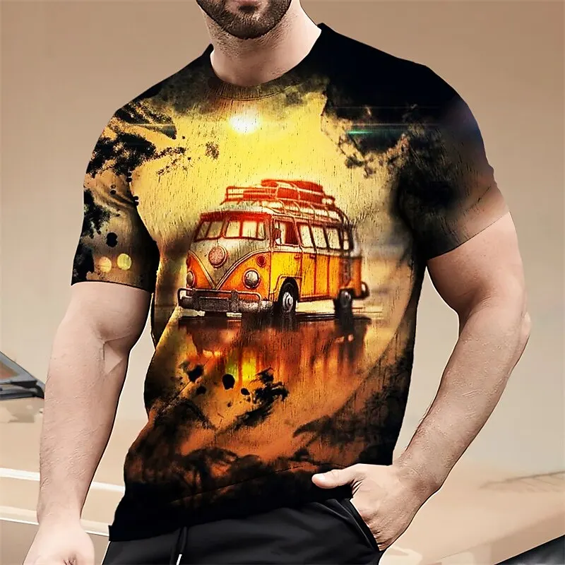 

Retro Men'S T-Shirt Short Sleeve Sunset Scenery Print Male Tops Loose Oversized Tees Daily Fashion Casual Harajuku Men Clothing