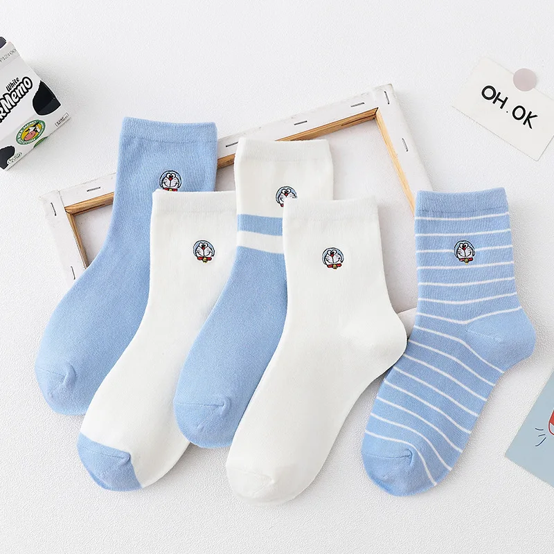

5Pcs Kawaii Cartoon Cute Doraemon Blue Mid-Tube Women's Socks College Style Striped Embroidery Breathable Socks Toys for Girls