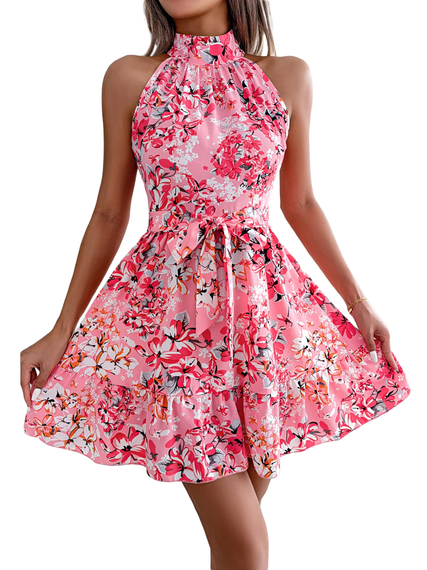 Women Flower Print Ruffled A-line Dress with Belt 2023 New Style Mini Dress Sleeveless High Neck vestido fiesta noche mujer