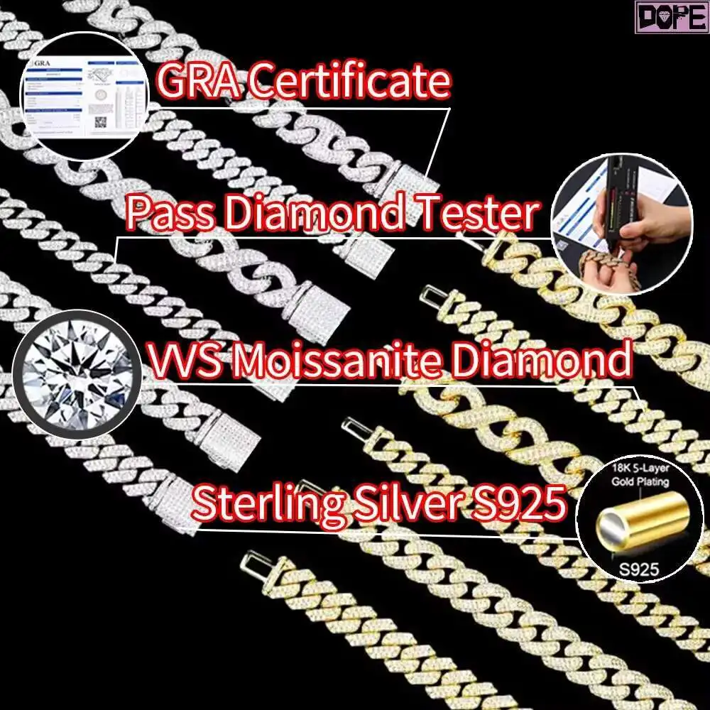 Мужские ювелирные изделия 18 мм муассанит кубинская цепочка зубец установка 925
