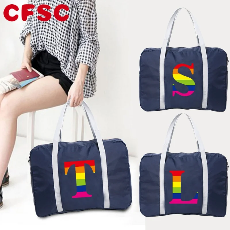 

Portable Travel Bag Women Luggage Business Trip Foldable Organiser Rainbow Letter Name Pattern Large Capacity Holiday Travels