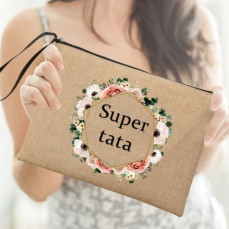 

Косметичка с принтом Super Tata Wreath, женская сумка для макияжа, Льняная сумка на молнии, дорожный органайзер для туалетных принадлежностей, подарок для Tata