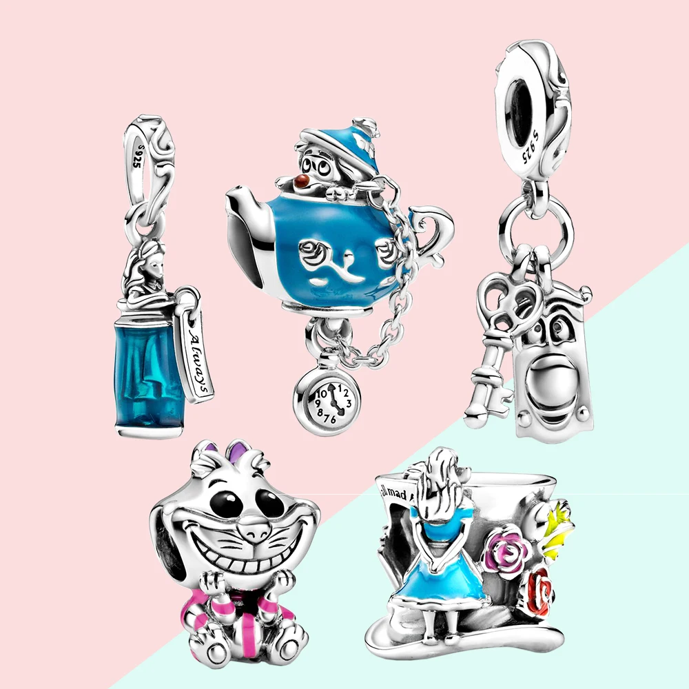 Pandora-Alice au pays des merveilles en argent 925 pour femme, théière de fête d'anniversaire, chat du Cheshire, chapelier fou, breloque pour bracelet bricolage