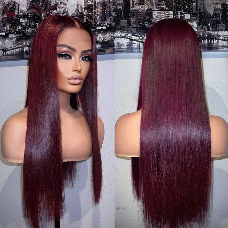 

Preplucked Soft 180%Density 26Inch Burgundy Silky Straight Long Natural Hairline Glueless Lace Front Wig For Women Babyhair