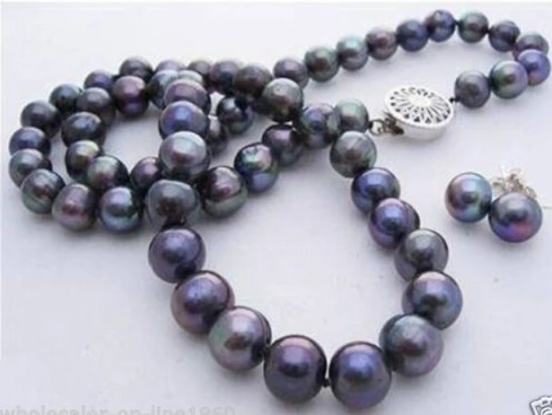 

Genuine 7-8mm Black akoya cultured pearl necklace 18'' +925 Silver Stud Earrings