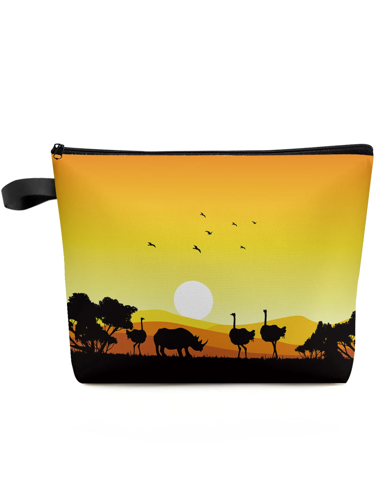 

African Sunset Landscape Ostrich Rhinoceros Silhouette Makeup Bag Pouch Women Cosmetic Bags Organizer Storage Pencil Case