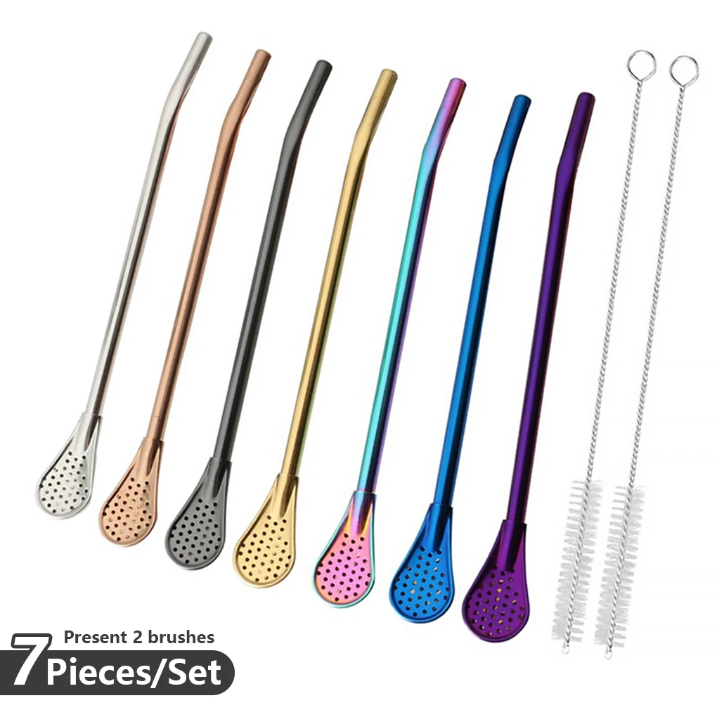 

7 Pieces Straw 18cm Portable Bent Colorful Loose Leaf Beverage Tea Infuser Indoor Outdoor Drink Spoon with 2 Cleaning Brushes