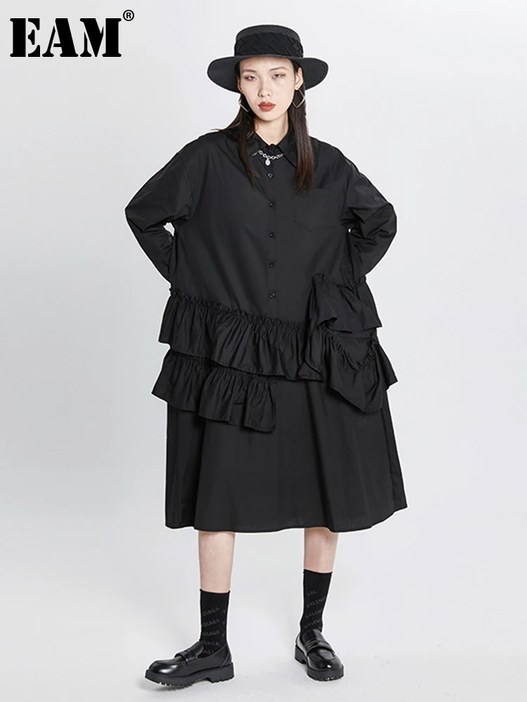 

Женское платье-рубашка EAM, Черное длинное платье с оборками и длинными рукавами, весна-осень 2022, 1DE7360