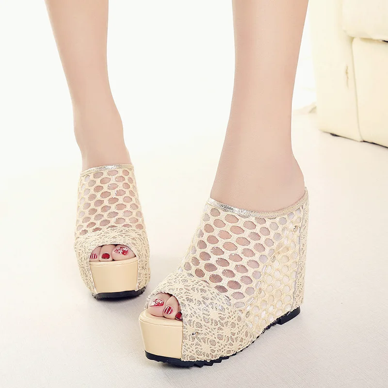 

2022 Summer New Wedge with Thick-bottomed Women's Platform Mesh Fish Mouth Hollow Sandals Fashion Slippers High-heeled Ladies PU