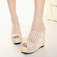 2022 summer new wedge with thick bottomed womens platform mesh fish mouth hollow sandals fashion slippers high heeled ladies pu