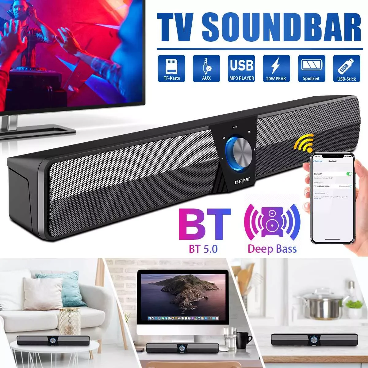 

SR500 bluetooth 5.0 Soundbar Speaker 20W Strong Bass Powerful Sound Wired & Wireless Play for PC Cellphone Desktop Tablet La