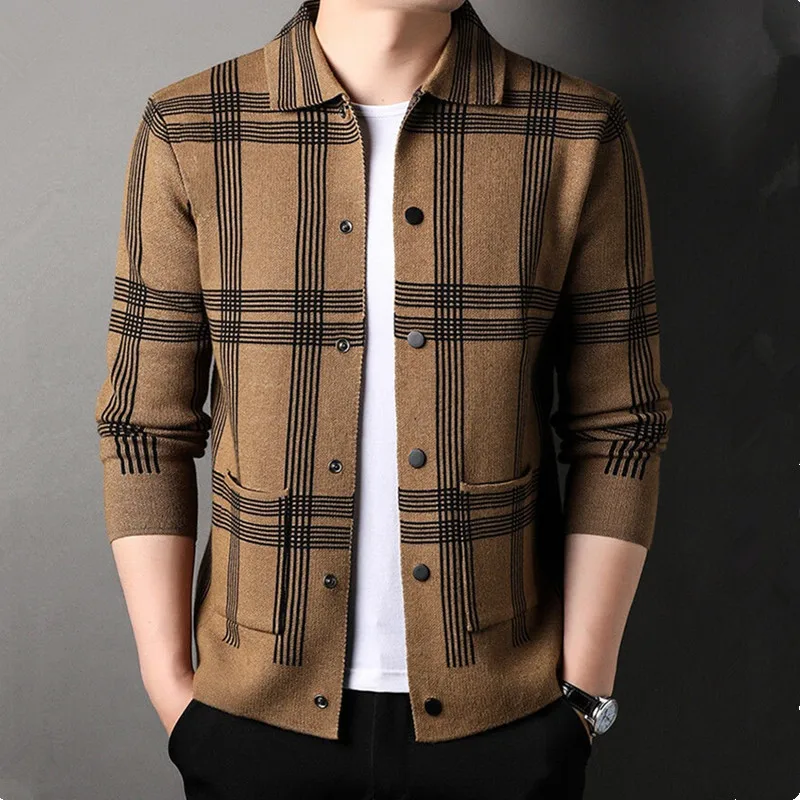 UHYTGF Fashion Youth Spring Autumn Knitwear Coat Men's Long Sleeve Plaid Cardigan Knitted Sweater Male Jacket Casual Men Top 167