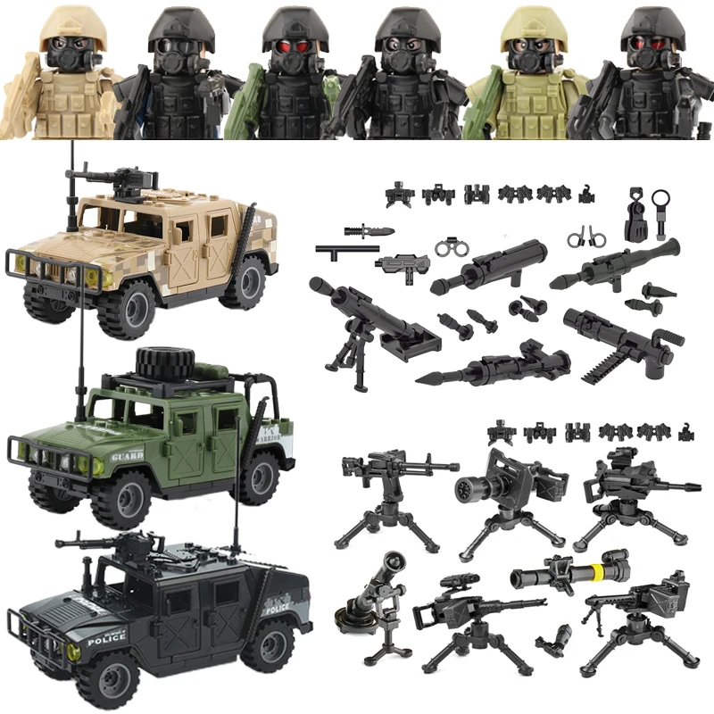 Special Forces Figures Military Car Building Blocks Modern Police SWAT Soldiers Weapons Backpack Vest Bricks Toys For Children