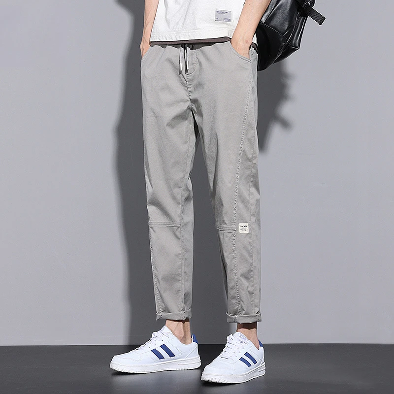 

2023 New Spring Summer 97%Cotton Ankle-Length Pants Men Casual Slim Fit Thin Solid Color Grey Brand Casual Trousers Male 28-38