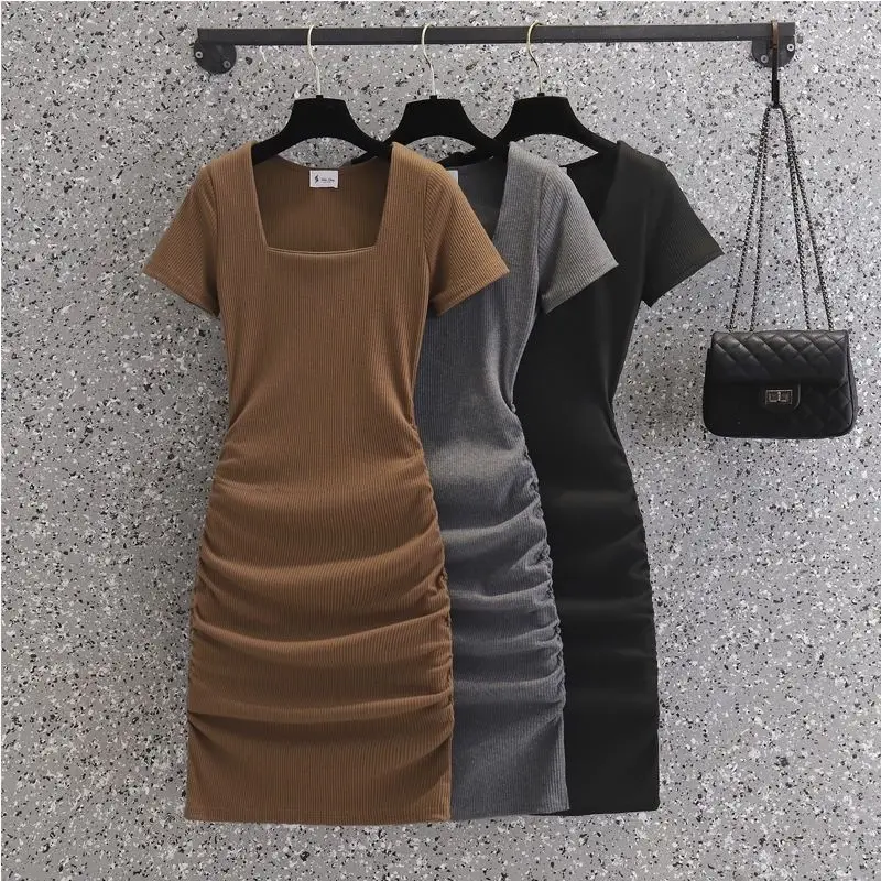 

2023 Fashion Temperament Women Summer Sexy Tight Slim Square Collar Solid Folds Above Knee Sheath Dress Oversized 3XL