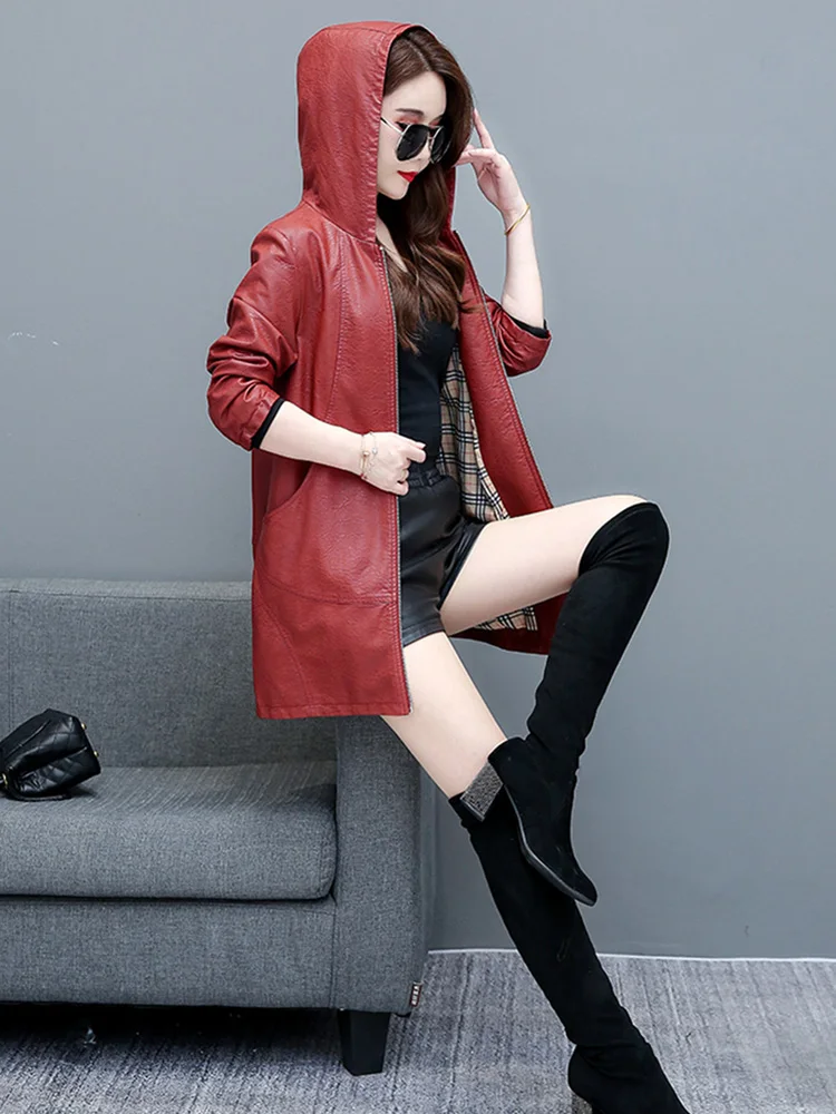 New Women Casual Hooded Leather Jacket Spring Autumn Fashion Loose Black Sheepskin Coat Medium Long Outerwear Split Leather
