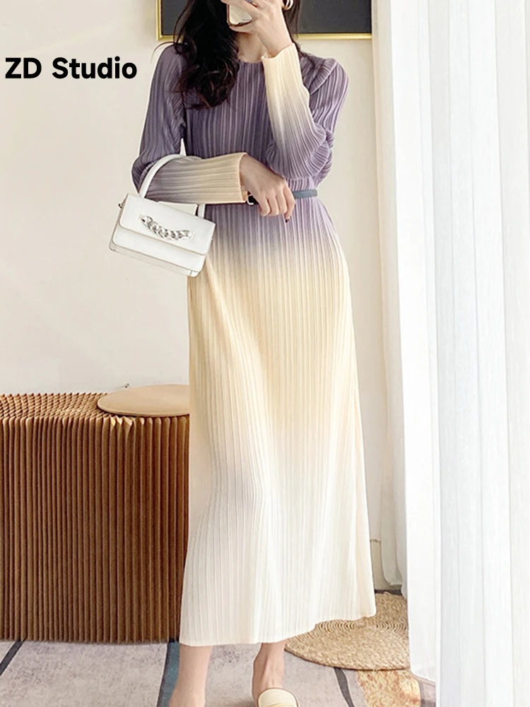 

[ZD Studio] Elegant Gradient Pleated Dress Women Round Neck Long Sleeves Dresses Party 2023 Autumn New Clothing