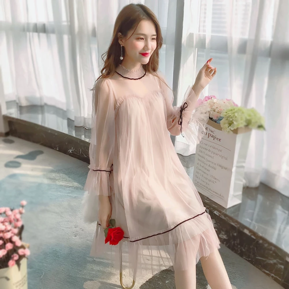 

Женское ТРАПЕЦИЕВИДНОЕ платье с бантом, однотонное тонкое платье до колена с длинными рукавами, поясом и высоким воротником в Корейском стиле, весна-лето