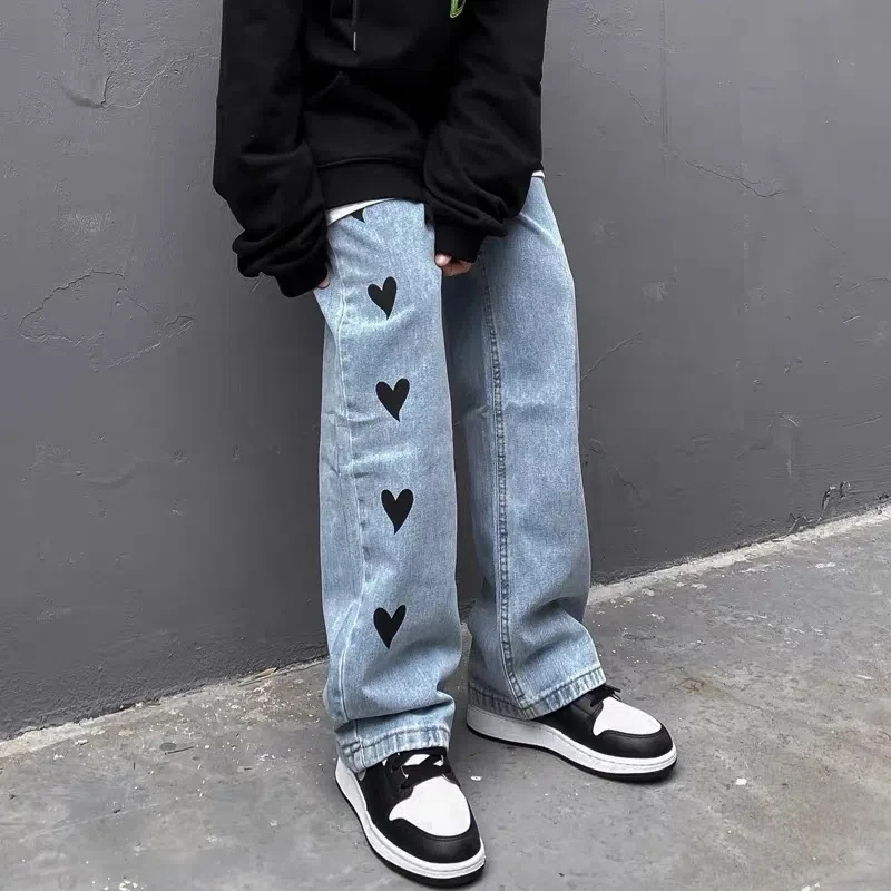 Autumn Winter Vintage Heart Shape Printing Jeans Wide Leg Pants Women Korean Loose Straight Denim Pants Fashion Trousers Unisex