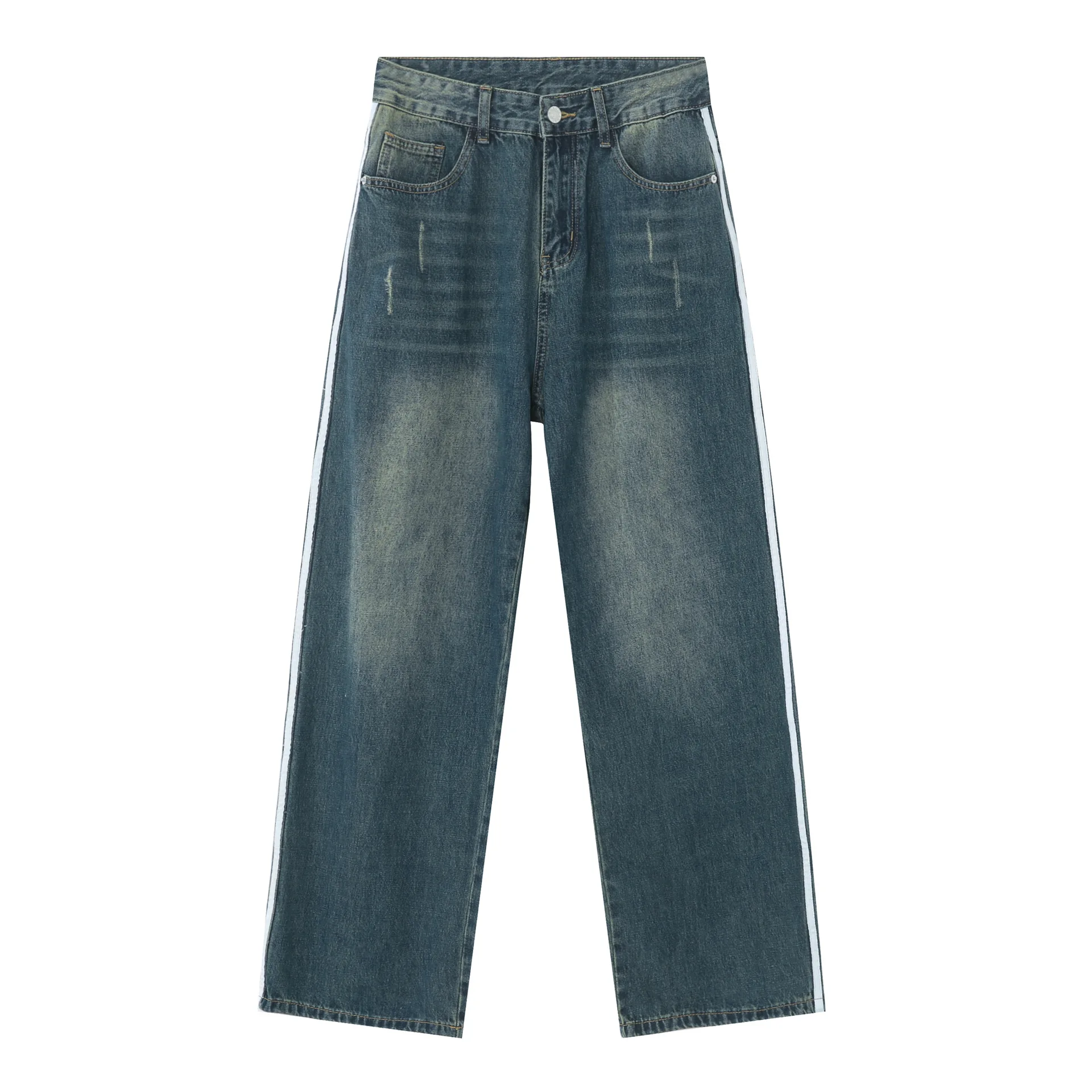 HOUZHOU Distressed Jeans Men Wide Leg Denim Trousers Male Loose Casual Pants Side Stripe Streetwear Hip Hop Men Clothing