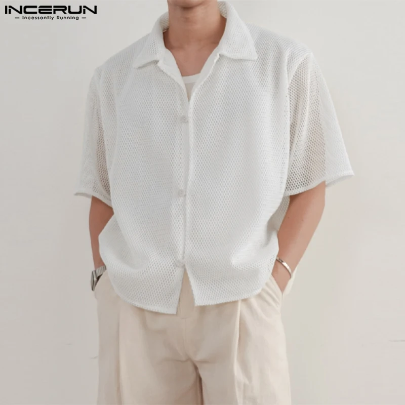 

INCERUN Tops 2023 Korean Style Men Sexy Simple Hollowed Shirt Casual Fashionable Male Solid All-match Short Sleeved Blouse S-5XL