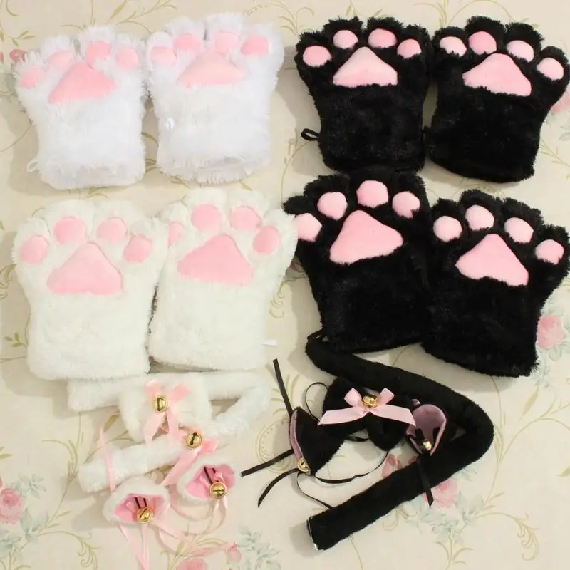 

1 Set Anime Cosplay Costume Cat Ears Plush Paw Claw Gloves Tail Bow-tie Cute Women Girls Party Easter Decor Accessories