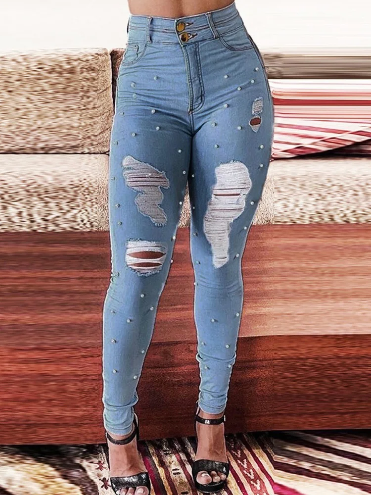 

Beaded High Waist Ripped Skinny Jeans