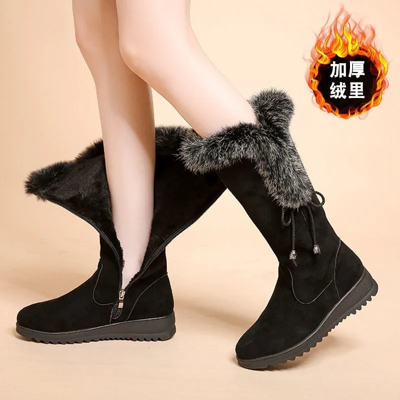

Cotton Boots Female 2023 Winter New Fashion Suede Snow Boots Women Plush Warm Flat Soled Mid Heel Boots Women