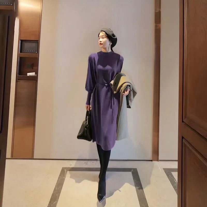 

2022 Autumn Spring Hollow Out Long Sleeve Sexy Women Knitted Dress Solid Color Feminine Mid-calf Dress