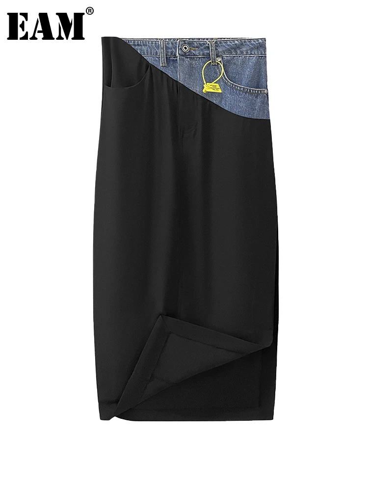 

[EAM] High Waist Black Blue Side Slit Denim Long Casual Half-body Skirt Women Fashion Tide New Spring Autumn 2022 1DE9675